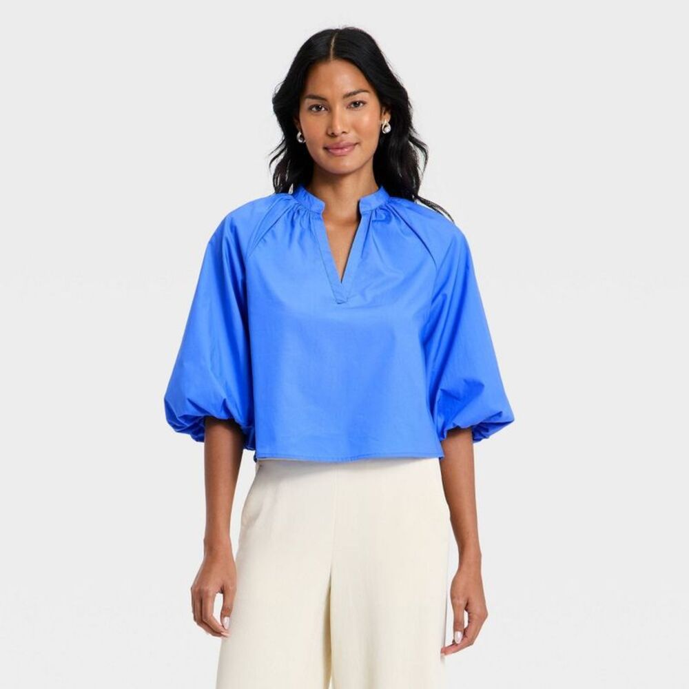 Women's Balloon Sleeve Blouse - A New Day Blue XL